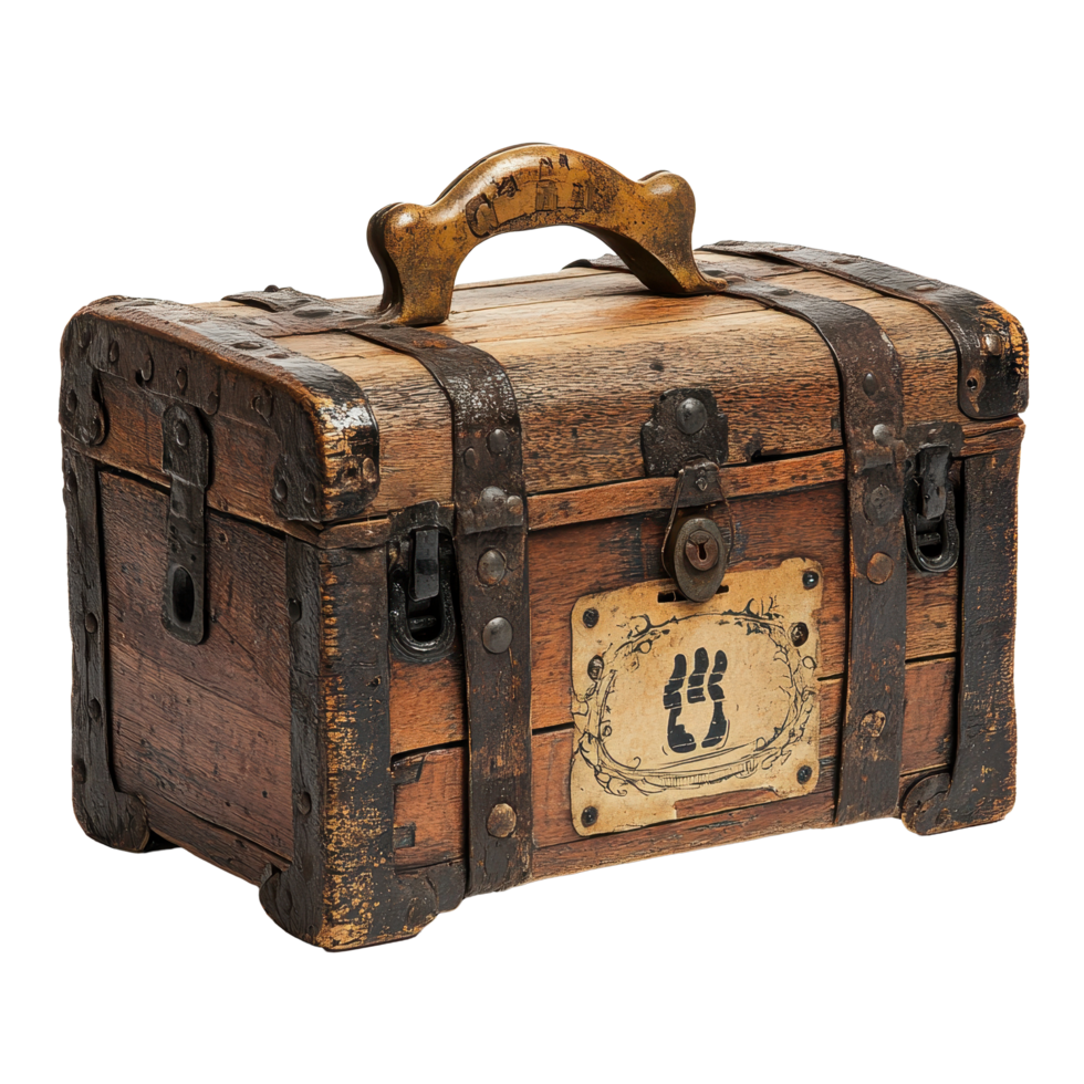 Wooden trunk with lock and foot sign adds rustic charm to any space, wooden trunk with a lock and a sign that says foot, Transparent background png