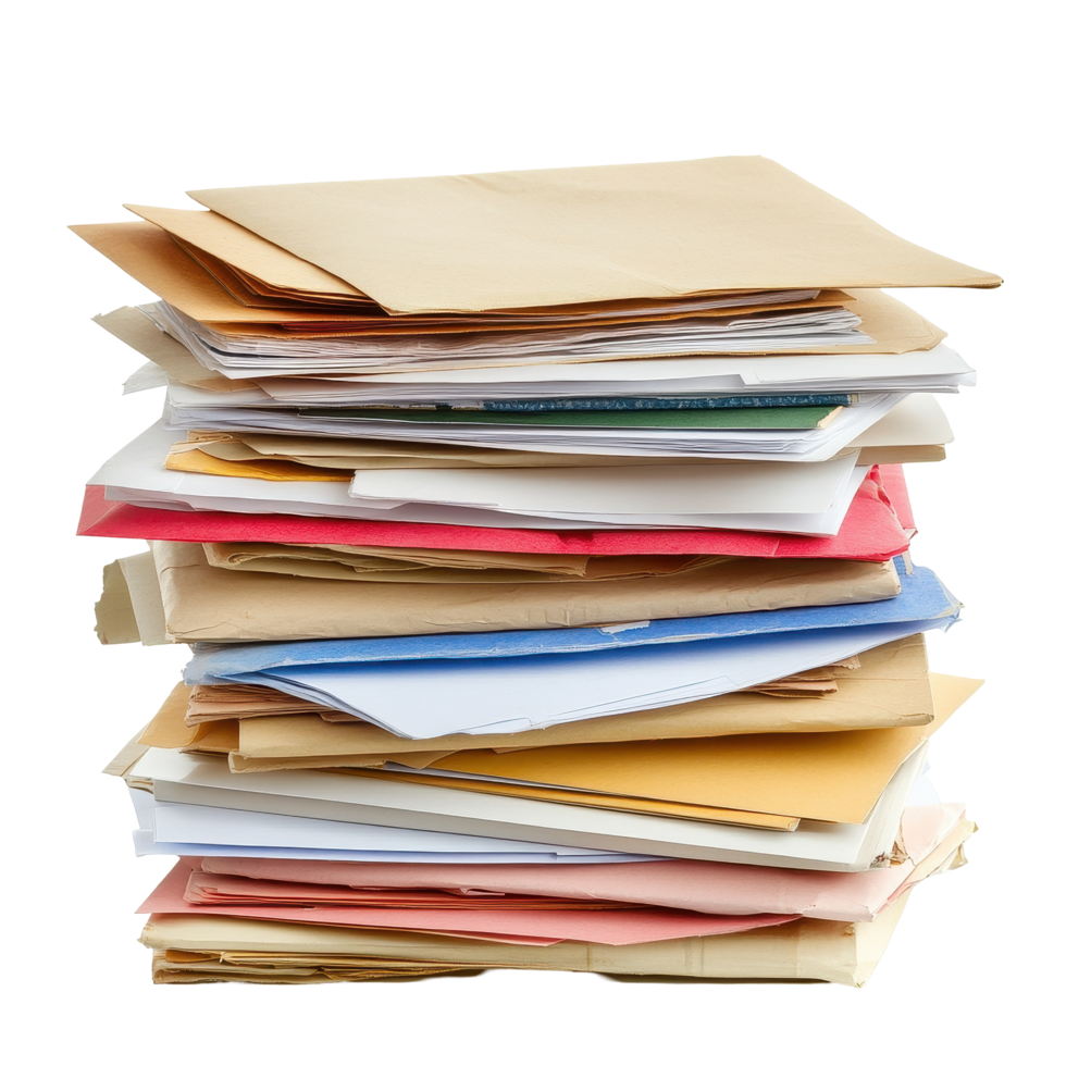 Stacked envelopes and documents on a clean Transparent background ready for sorting and organizing, Stack Envelopes , Files , Documents, background png
