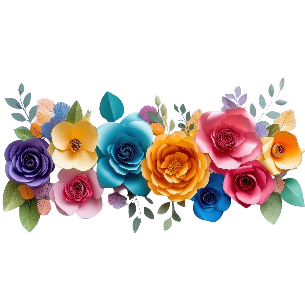 Colorful paper flowers create a vibrant display on a white surface, row colorful paper flowers on a white surface, Transparent background, background png