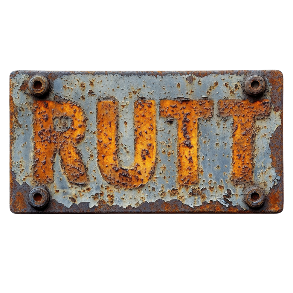Rusty sign with 'rust cast' lettering on a Transparent background in an urban environment displaying weathered charm, rusty sign that says rust cast on a png