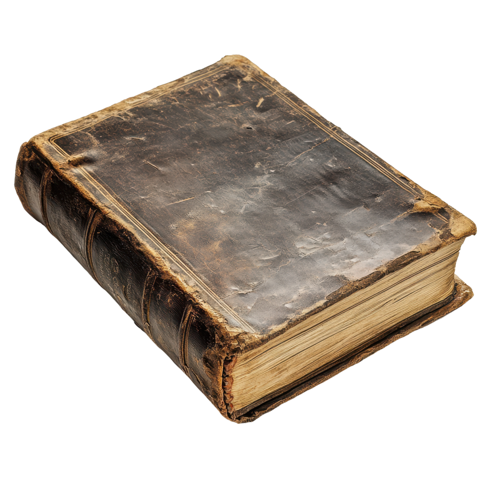 Old leather-covered book resting on a Transparent background showcasing its worn texture and history, very old book with a leather cover, background png