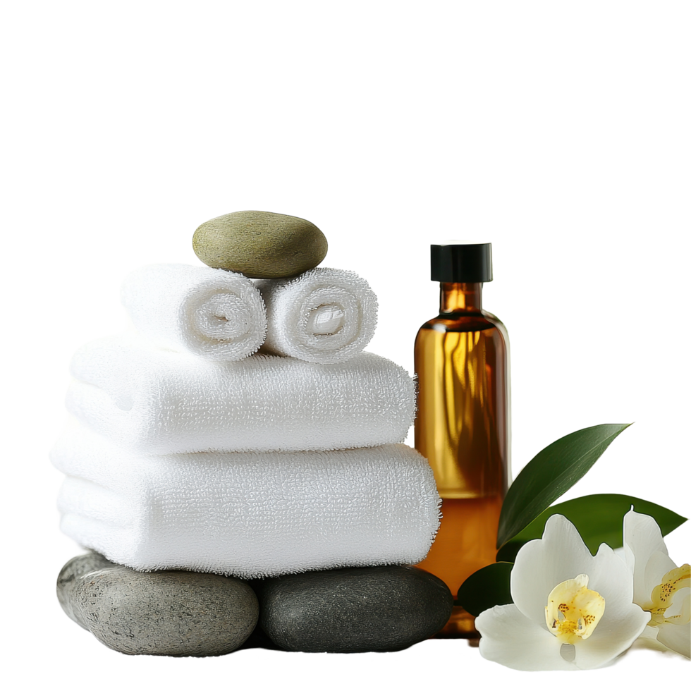 Spa relaxation essentials with neatly arranged towels, stones, and aromatherapy oil for wellness treatment, Spa and Wellness ting, Transparent background png