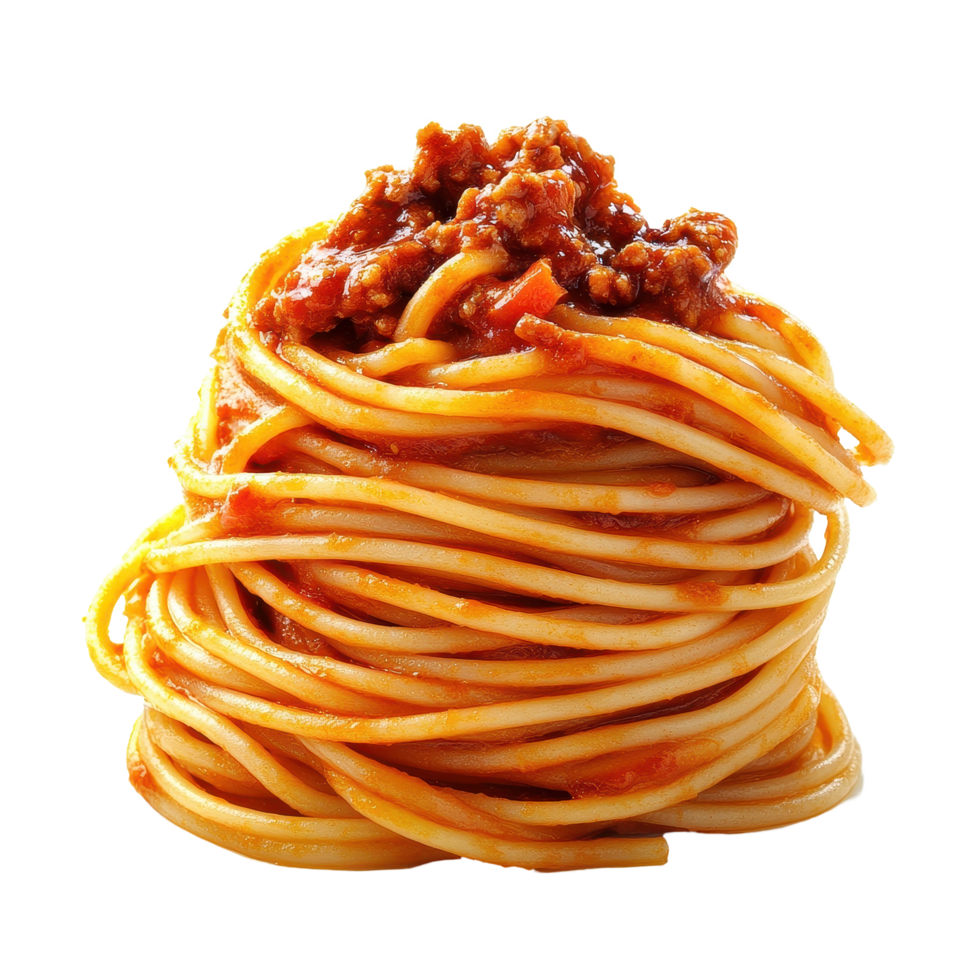Fresh spaghetti topped with savory tomato beef sauce served for a delicious meal, spaghetti pasta with tomato beef sauce isolated on Transparent background png