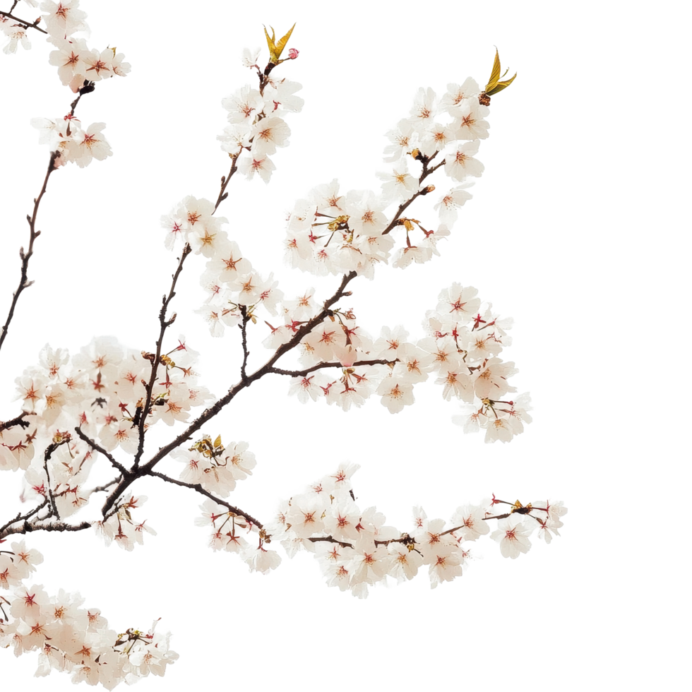Beautiful sakura tree branch with delicate white flowers against a soft Transparent background, sakura tree branch flower White background png