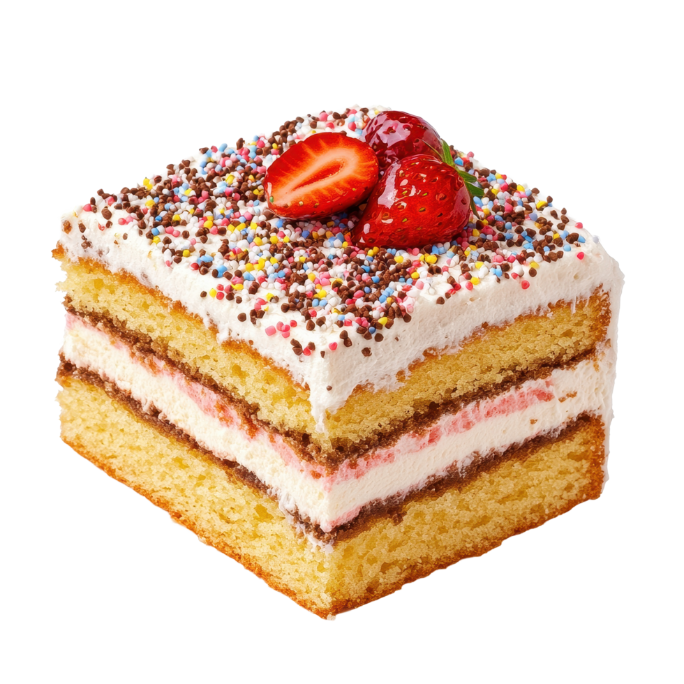 Freshly baked sponge cake with cream and strawberries on a Transparent background, sponge cake food isolated on background png