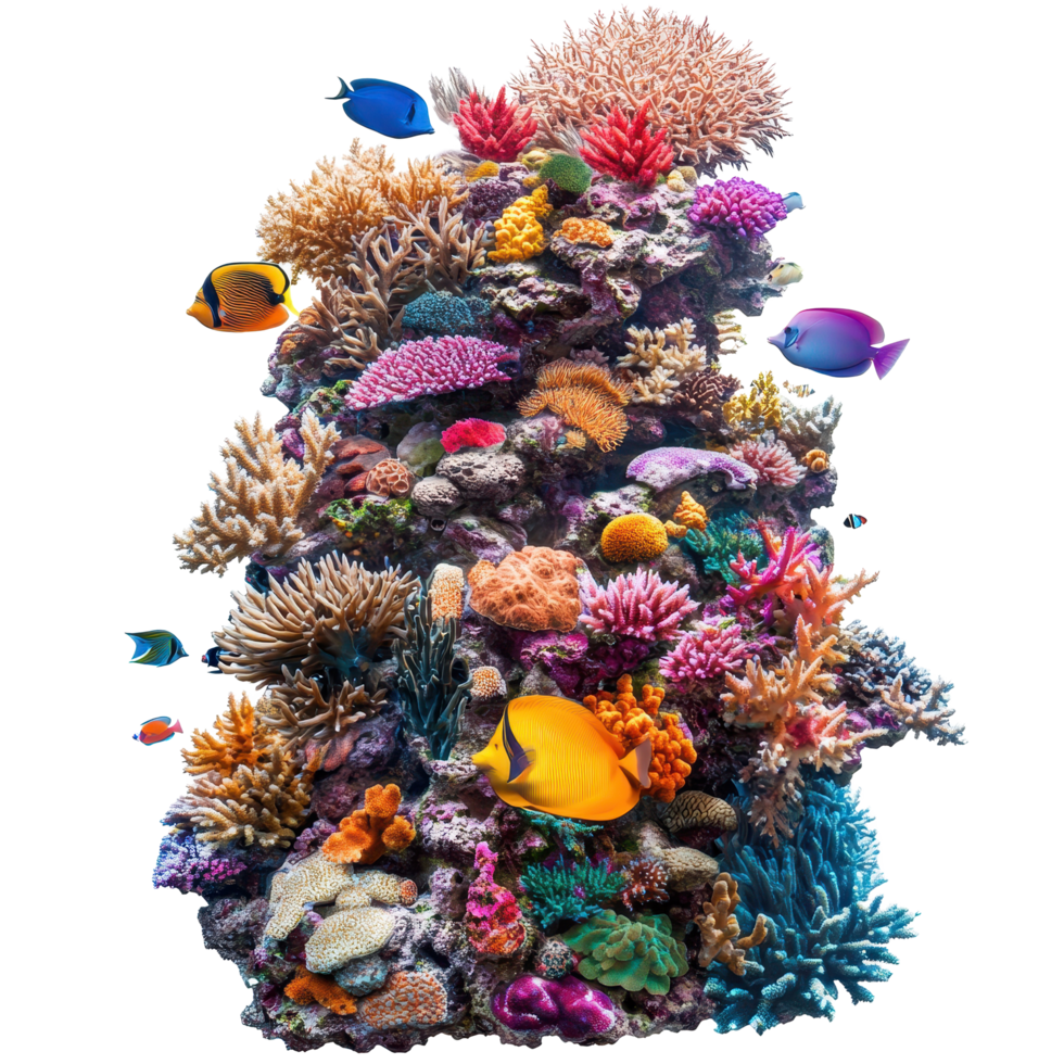 Colorful coral reef teeming with diverse fish species in a vibrant underwater ecosystem, very colorful coral reef with many different fish, Transparent background, background png