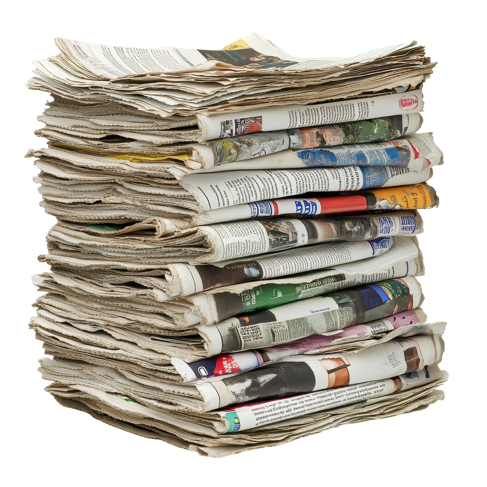 Stacks of recycled newspapers ready for processing in an eco-friendly initiative at a local facility, Stack newspapers recycling isolated knowledge documentation daily news png