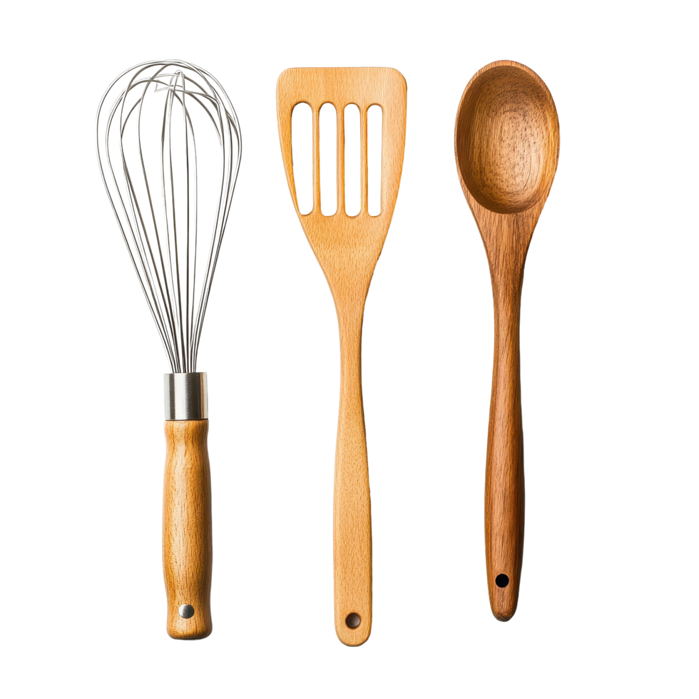 Spatula, wooden spoon, and wire whisk isolated for kitchen cooking essentials, Spatula with Wooden Spoon and Wire Whisk isolated on Transparent background png