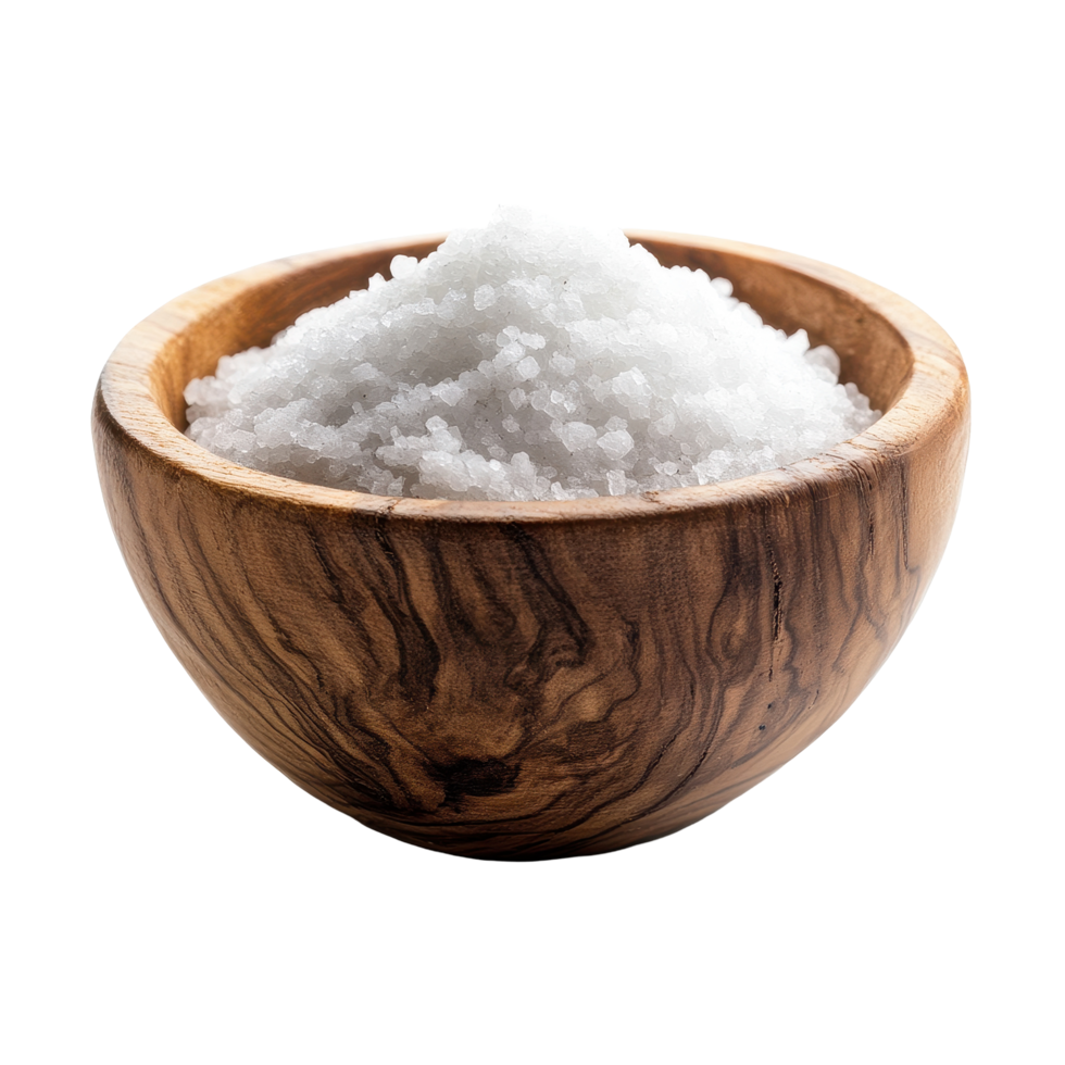 Natural salt in a wooden cup displayed against a clean Transparent background for culinary use, Salt in the wood cupisolated on background png