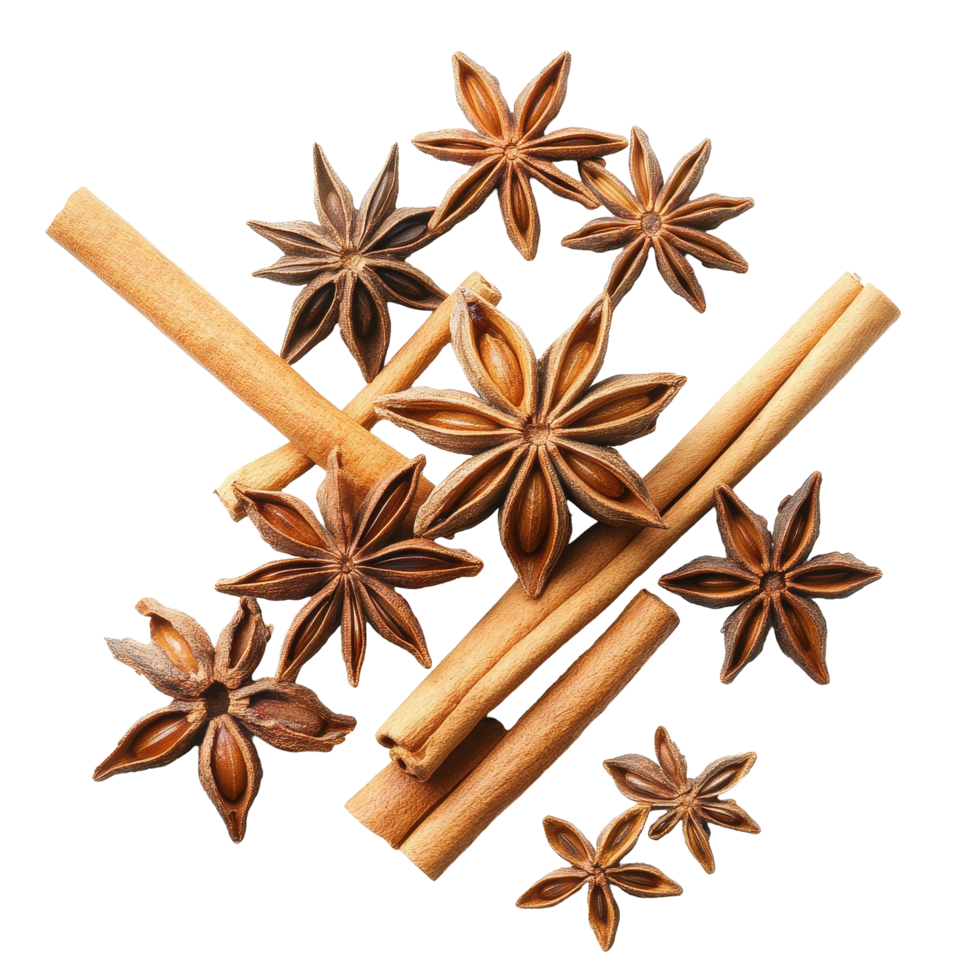Star anise and cinnamon sticks create a warm and aromatic spice arrangement on a Transparent background, Star Anise And Cinnamon Sticks isolated on background png