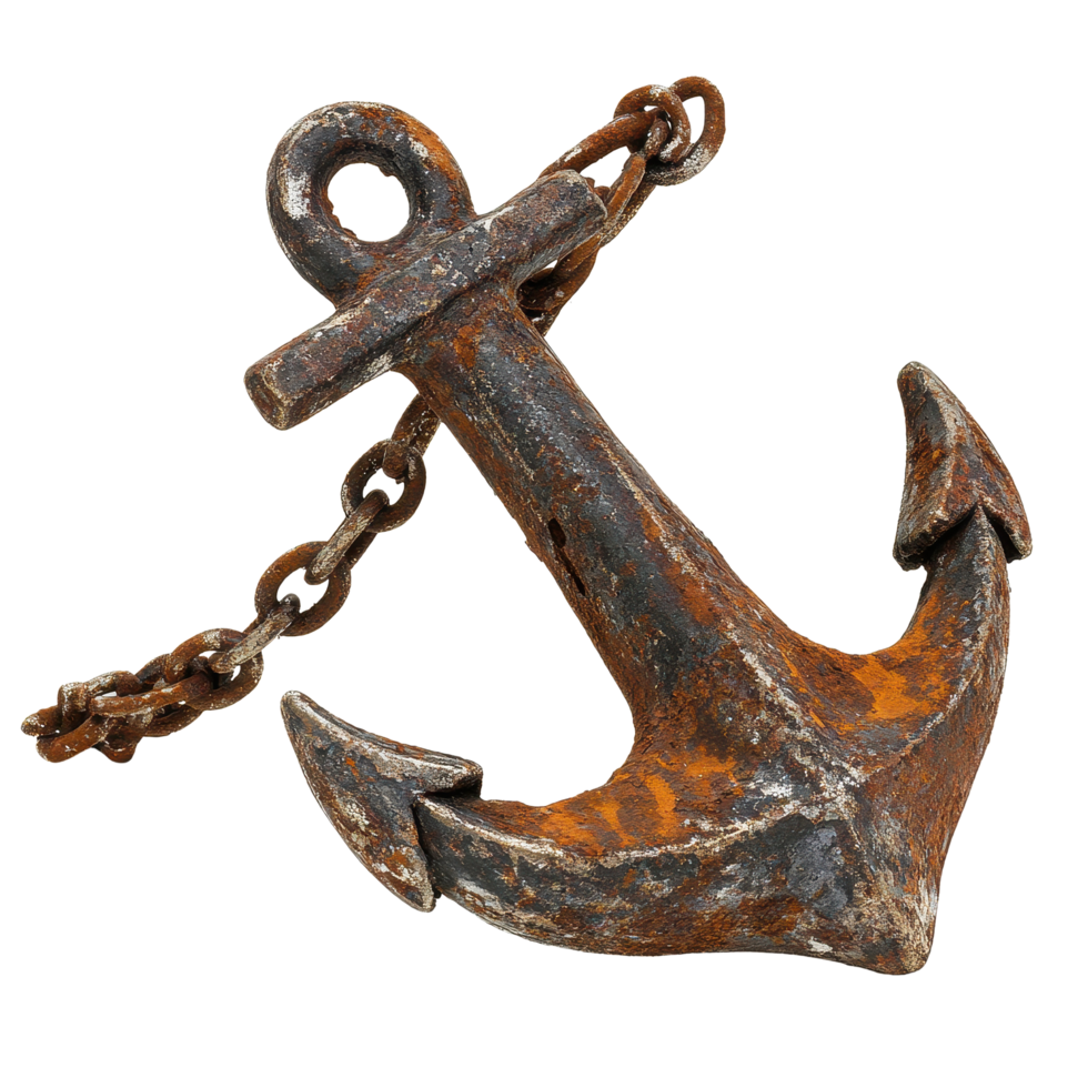 Rusty anchor with aging chain on Transparent background illustrating maritime history, Rusty chain an abandoned anchor, background png