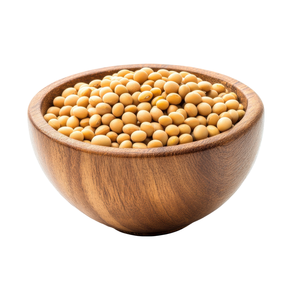 Soy beans in wooden bowl on a clean Transparent background showcasing natural food ingredients, Soy beans in wood bowl isolated on background png