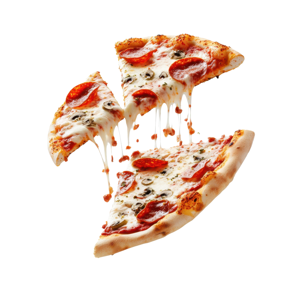 Slice of pepperoni pizza tossed in the air against a clean Transparent background, slice pizza being tossed into the air, png
