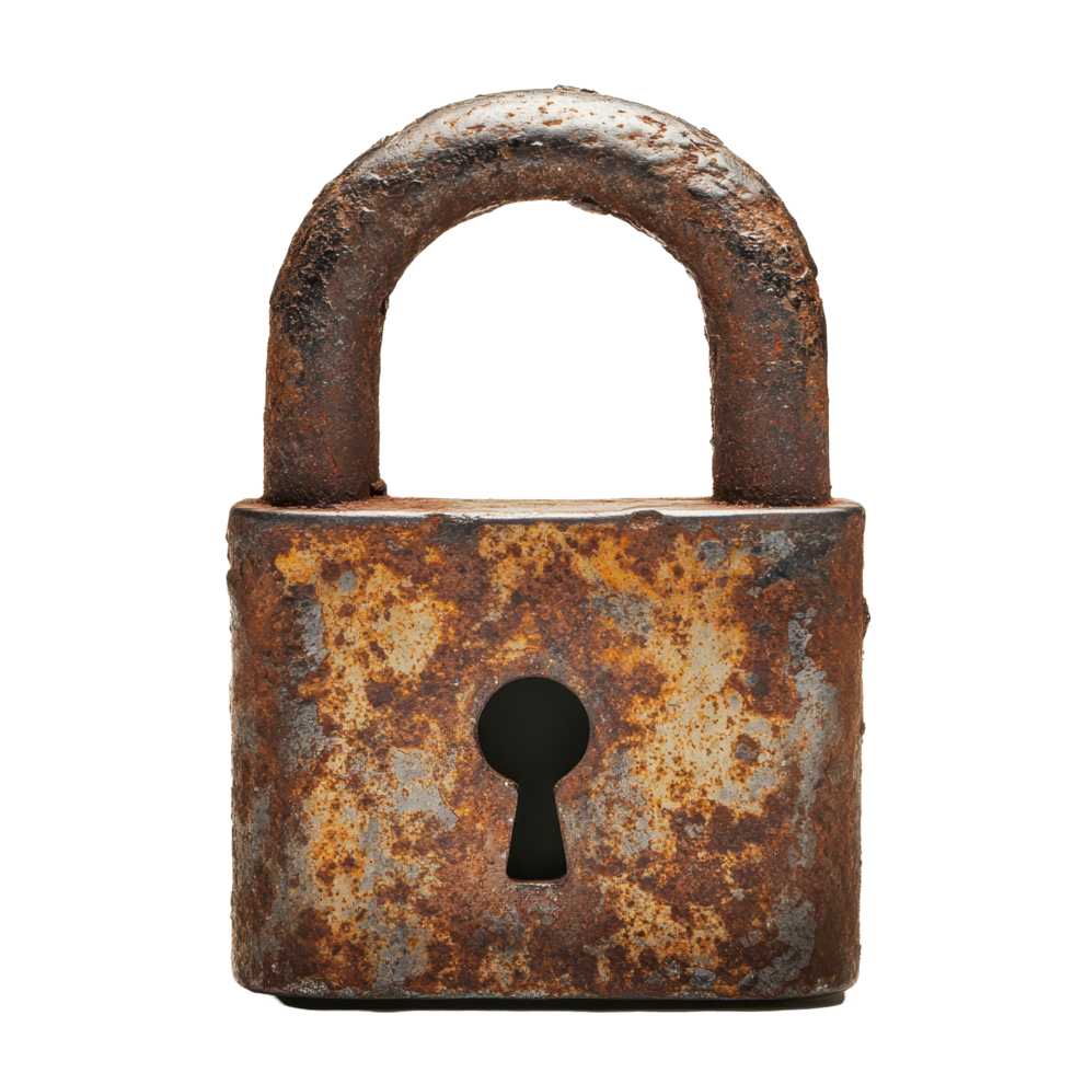 Rusted iron padlock symbolizes timeless security on a Transparent background, Rusted Iron Padlock Timeless Security, background png