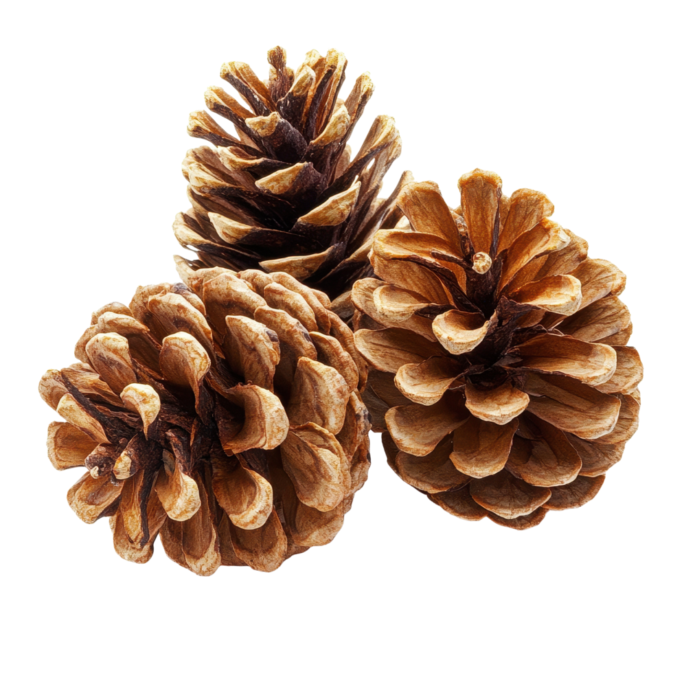 Isolated pine cones showcasing natural textures and shapes on a Transparent background, some pine cones isolated on White background png