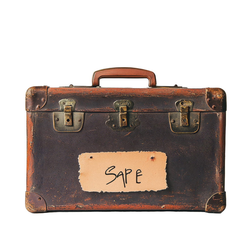 Rusty suitcase with a spare white bag sign adds vintage charm to any setting, rusty suitcase with a sign that says spare, Transparent background png