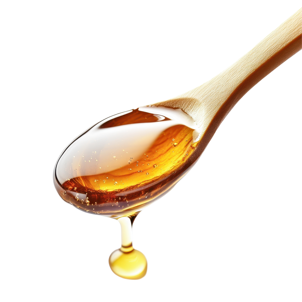 Spoonful of golden honey dripping from a wooden spoon against a clean Transparent background, spoon honey with a liquid drop, background png