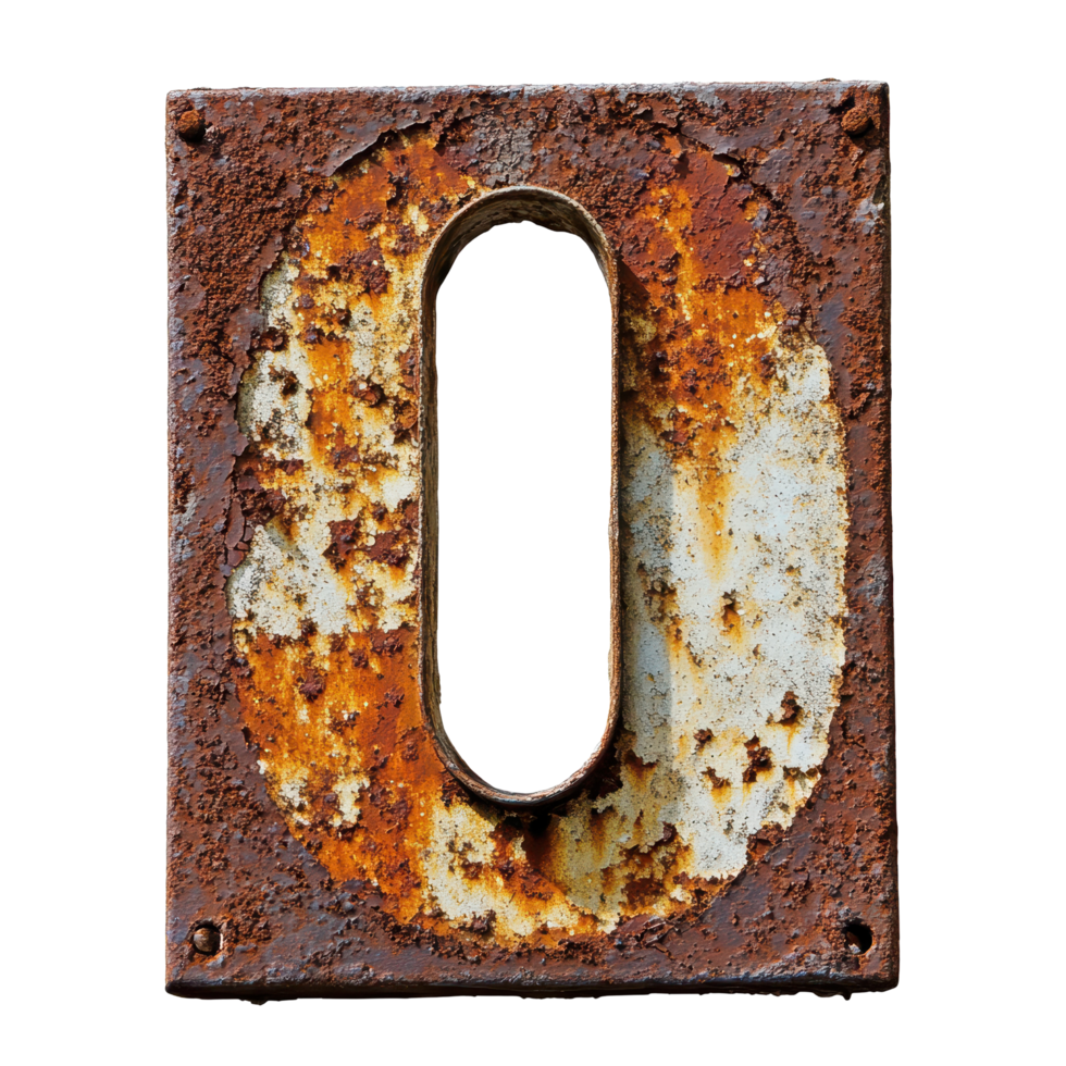 Rusty number sign with weathered surface against Transparent background, rusty number sign with a rusted surface, background png