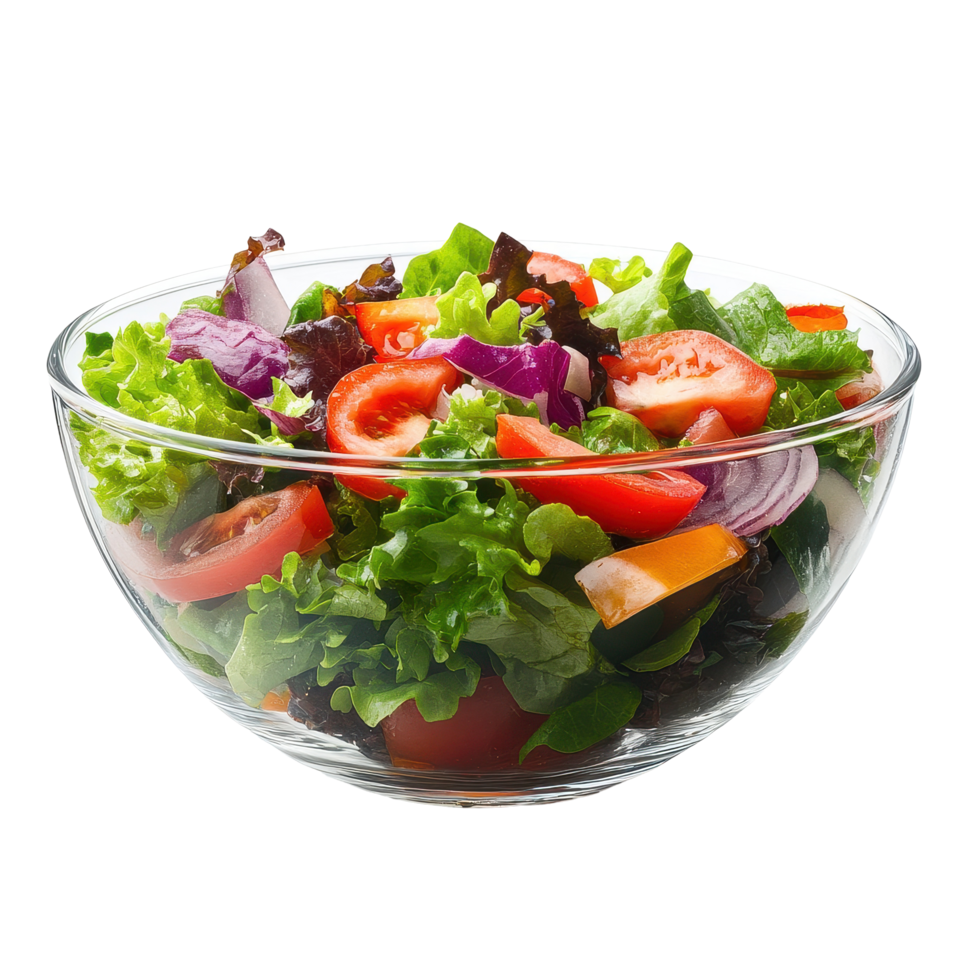 Fresh garden salad in a glass bowl with crisp vegetables on a neutral background, Salad in glass bowl isolated on Transparent background png