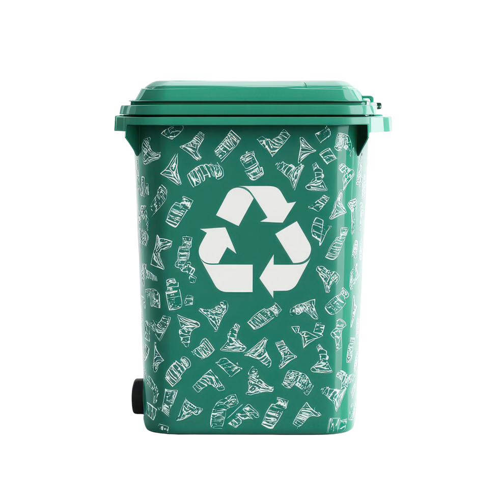 Square green trash can with white recycle symbol pattern for eco-friendly disposal, square green trash can white recycle symbol pattern isolated on Transparent background png