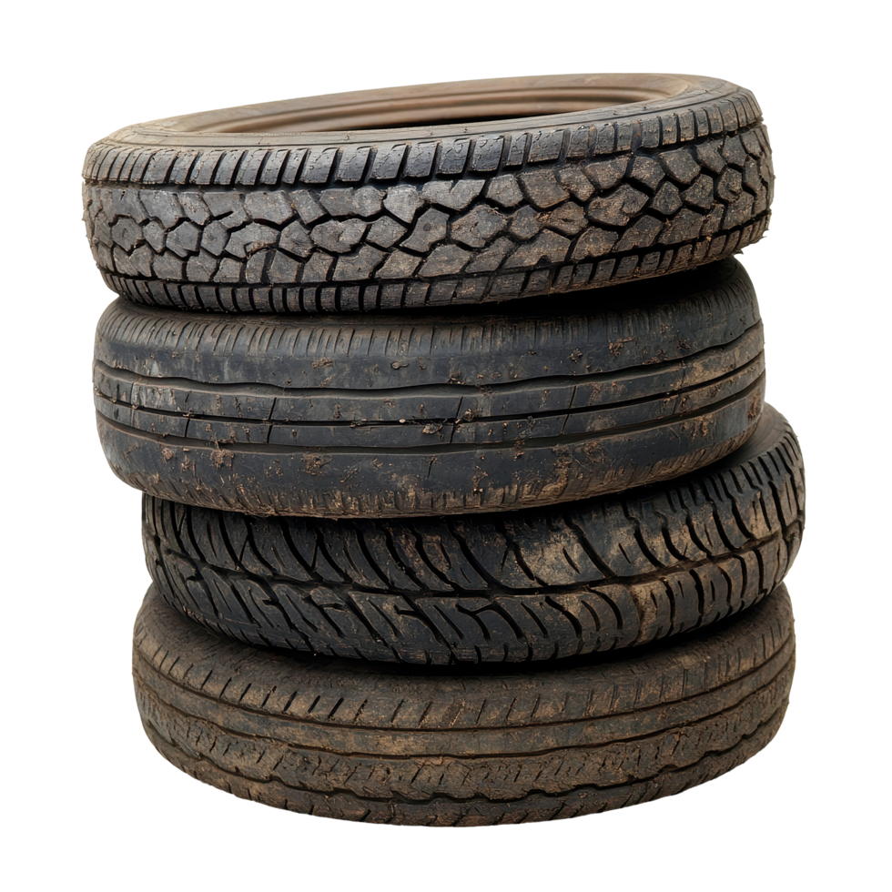 Stack of old dirty tires isolated against a Transparent background for recycling or disposal purposes, Stack old dirty tires isolated on png