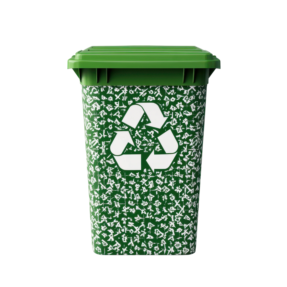 Square green trash can with white recycling symbol pattern for eco-friendly waste disposal, square green trash can white recycle symbol pattern isolated on Transparent background png