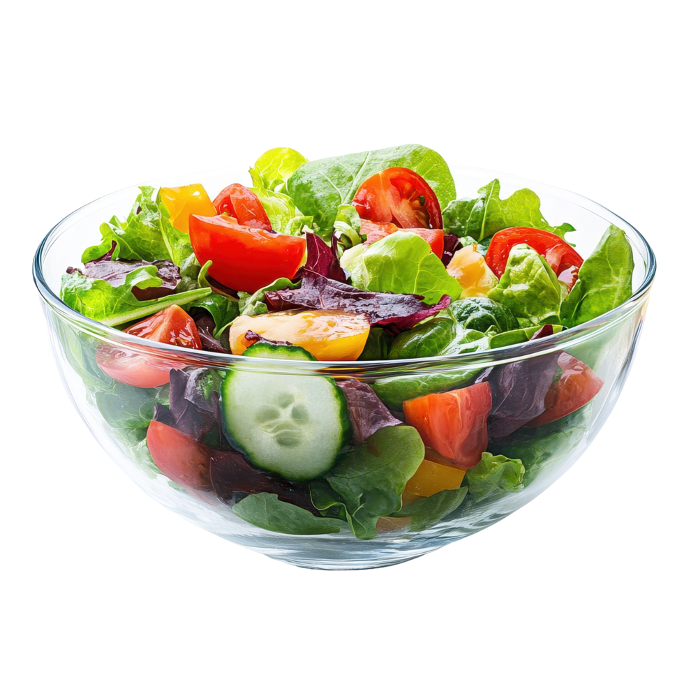 Fresh garden salad served in a clear glass bowl against a Transparent background, Salad in glass bowl isolated on background png
