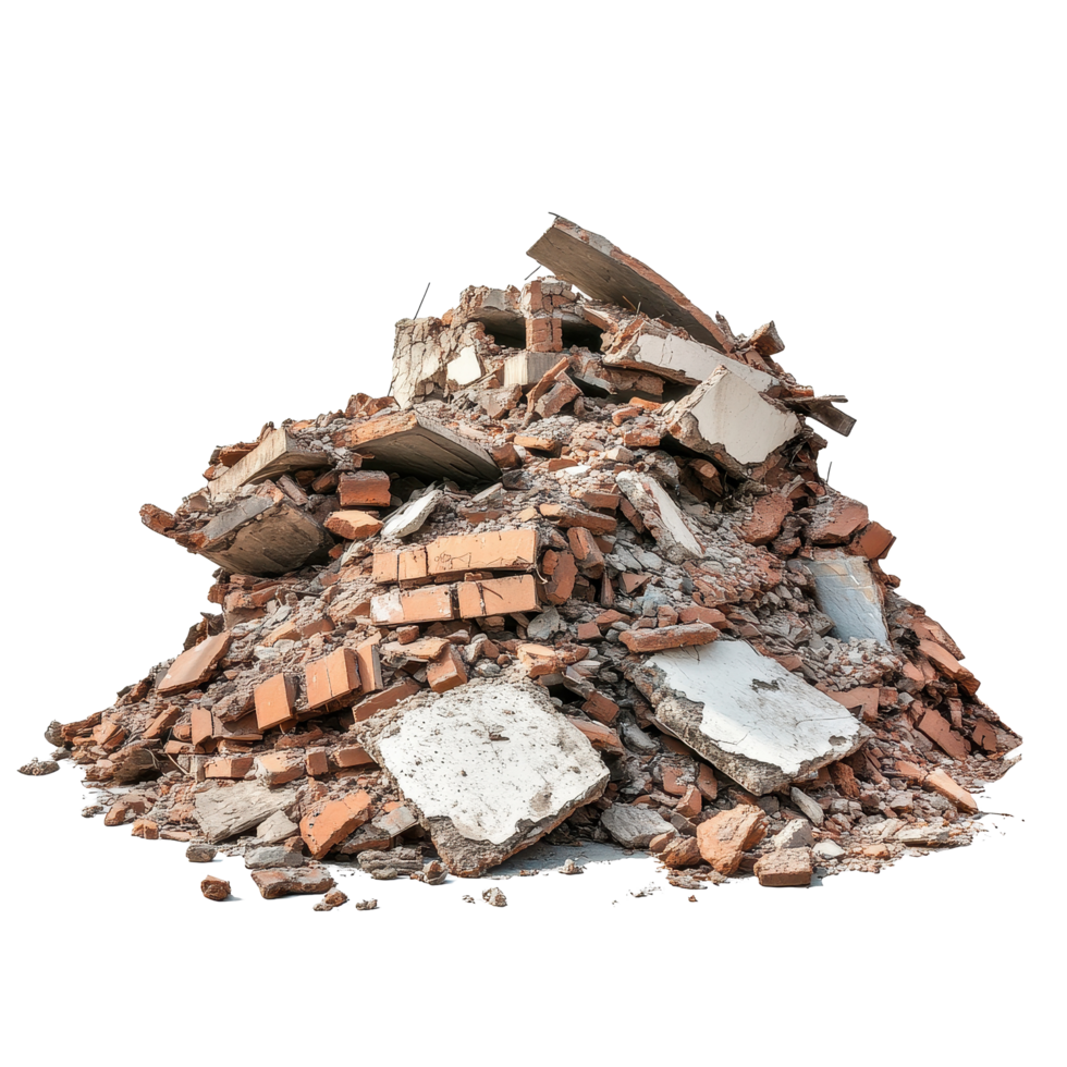 Ruined building pile isolated on Transparent background showcasing debris and rubble from construction site, Ruined building pile isolated on png