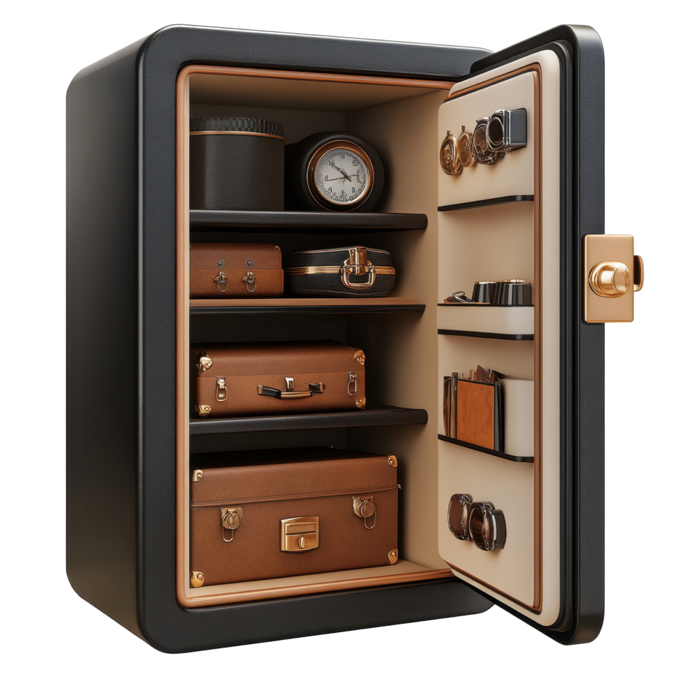 Safe box filled with various items including a clock and decorative boxes on a Transparent background, safe box with a bunch items inside, background png
