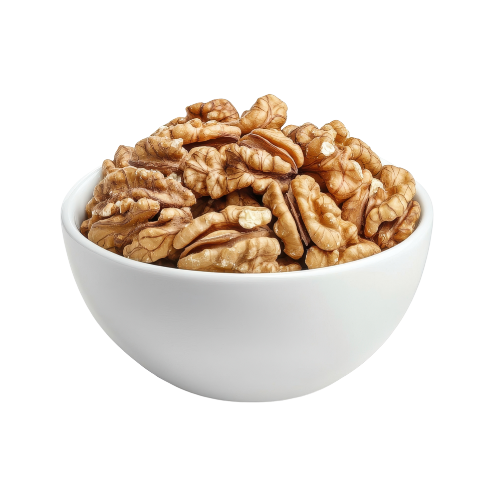 Fresh walnuts in a white bowl on a clean Transparent background for healthy snacking and cooking, Walnuts in white bowl isolated on background png