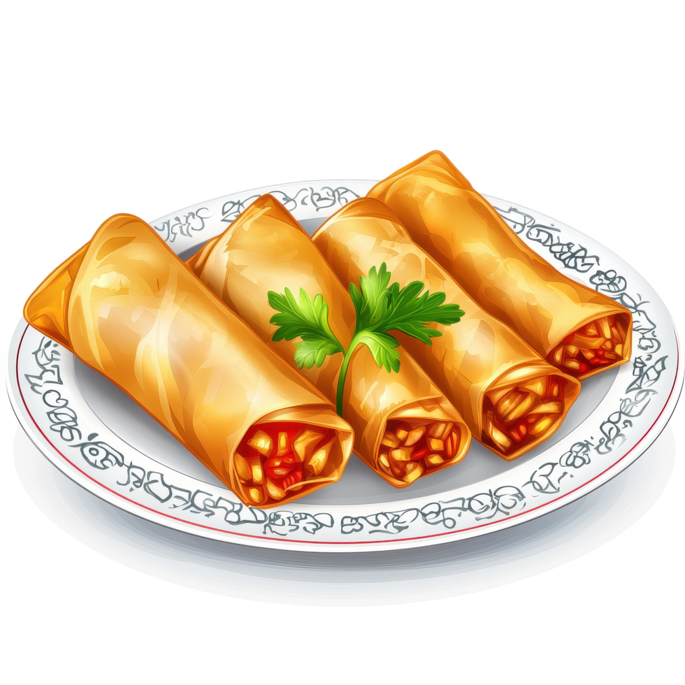 Delicious spring rolls served on a decorative plate against a Transparent background, Spring rolls food in a plateisolated on background png