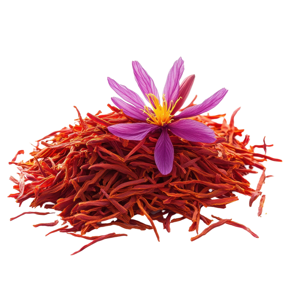 Saffron threads with vibrant purple flower isolated on a Transparent background for culinary and medicinal uses, Saffron isolated on background png