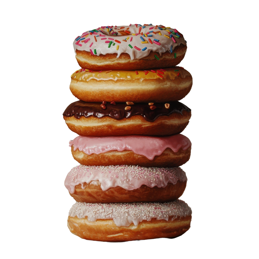 Colorful stack of five delicious donuts on a marble surface with a soft background, Stack Donuts png