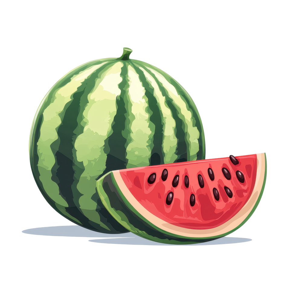 Fresh watermelon with vibrant green stripes and juicy red interior isolated on Transparent background, Watermelon seeds isolated on background png
