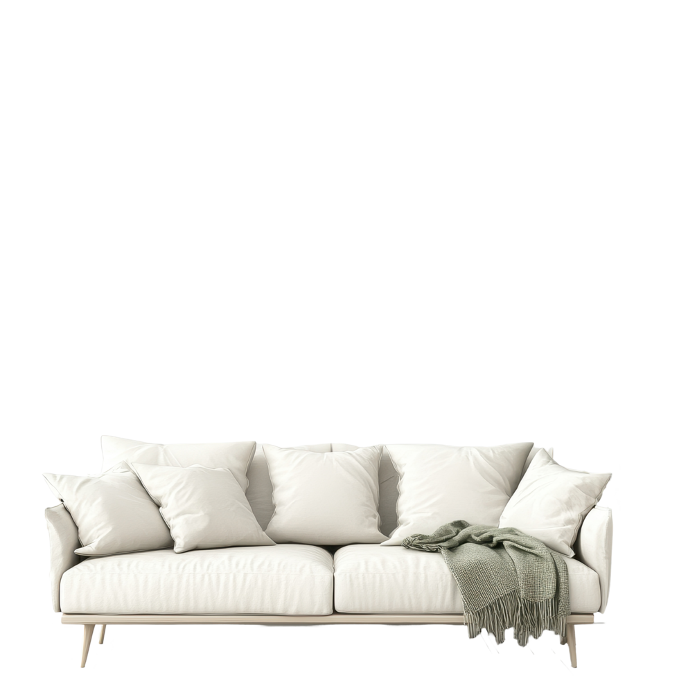 Cozy sofa with decorative pillows and greenery on a bright Transparent background, Sofa and plant on png