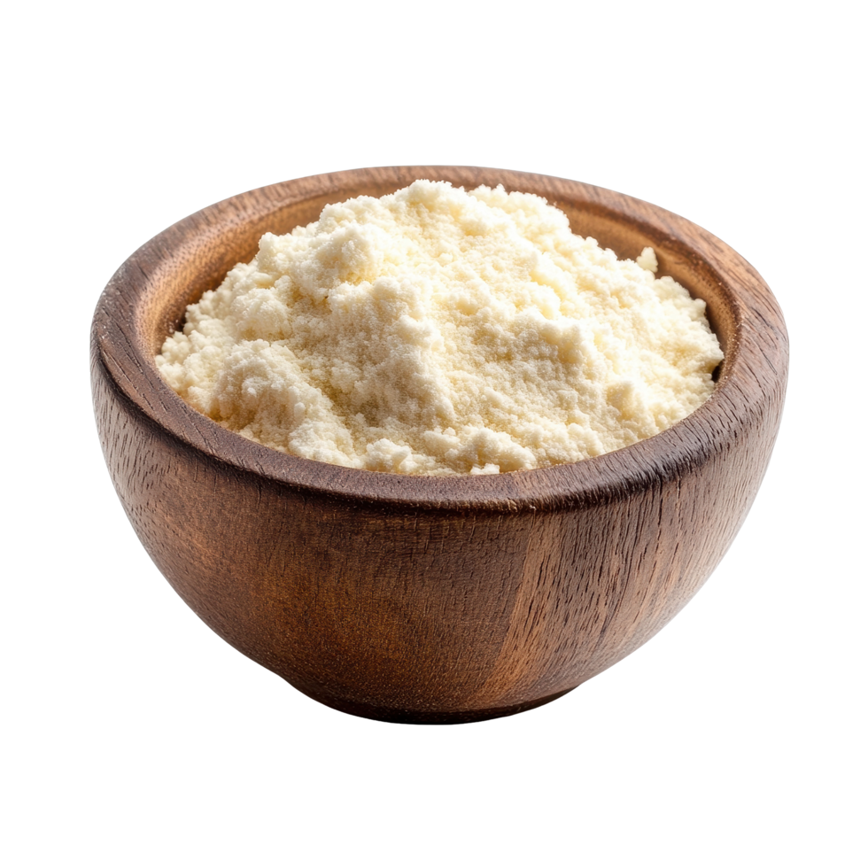 Whey protein powder in a wooden bowl on a Transparent background, whey protein in a wood bowlisolated on background png