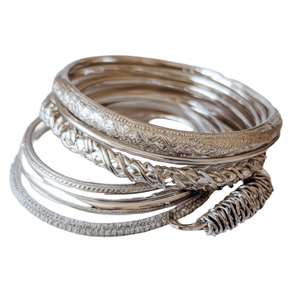 Elegant stack of silver bracelets displayed on a Transparent background showcasing intricate designs, Stack Silver Bracelets, background png