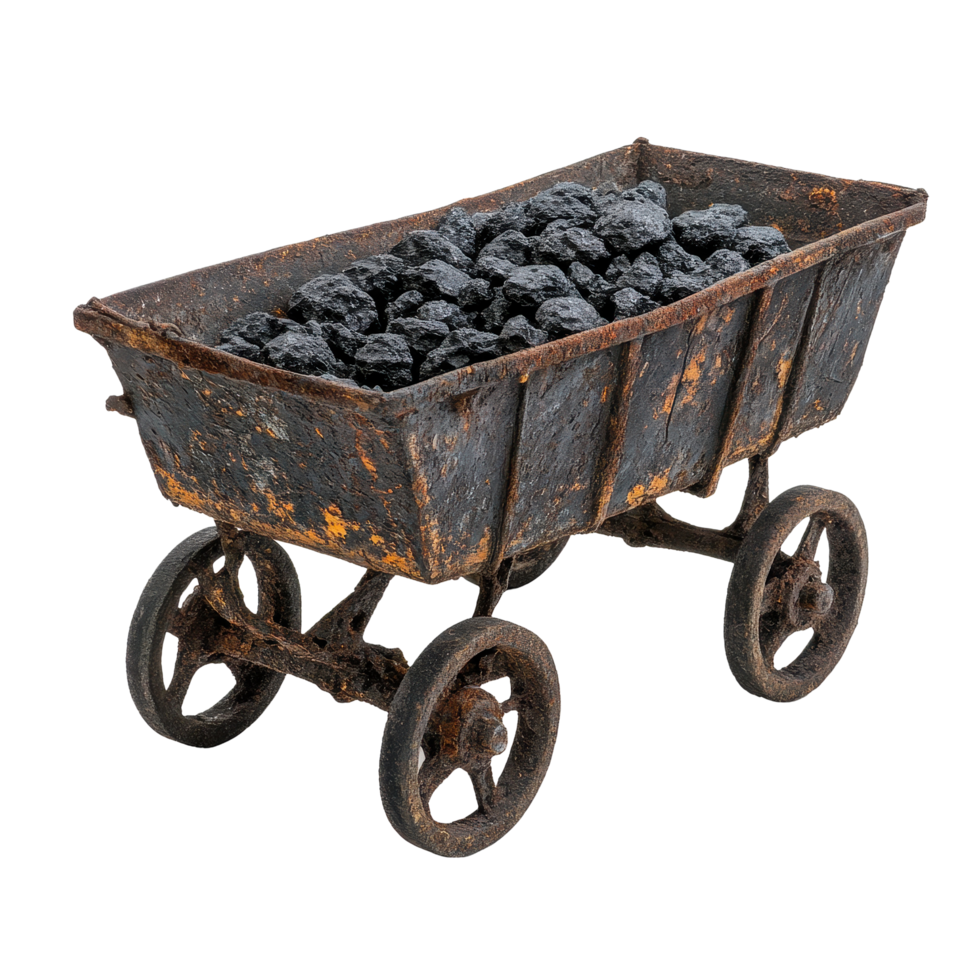 Rusty coal cart filled with black coal on wheels against a white backdrop showcasing industrial heritage, rusty coal cart with coal on wheels, Transparent background png