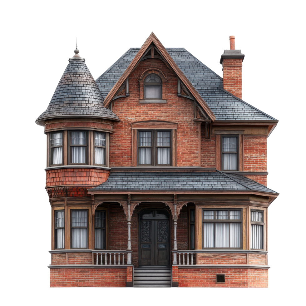 Victorian house with ornate details showcasing red brick and a distinctive turret, Vintage D Rendering a Red Brick Victorian House with Wooden Shingles and Windows, Transparent background png