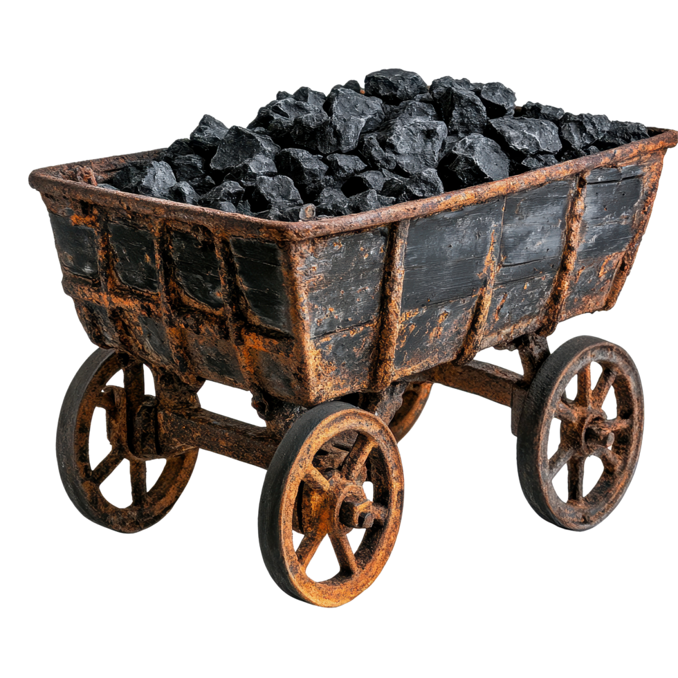 Rusty coal cart filled with coal on wheels against a Transparent background, rusty coal cart with coal on wheels, background png