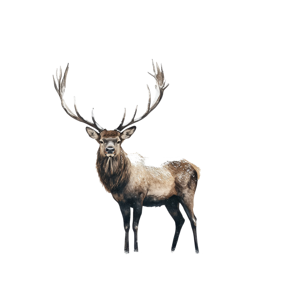 Stag with large antlers standing gracefully in fresh snow on a winter day, stag standing in the snow with large antlers, Transparent background, background png