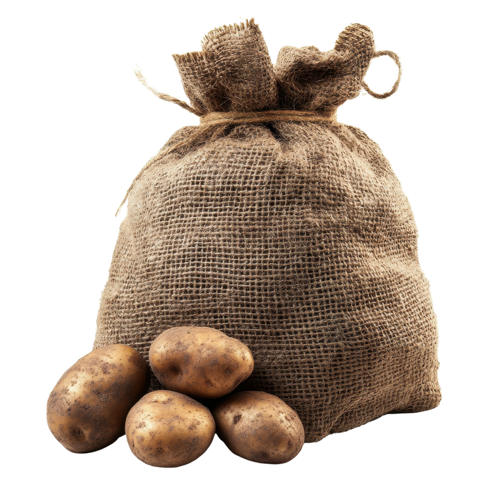 Sack of potatoes tied with twine on Transparent background showcasing freshly harvested produce, Sack potatoes isolated on png