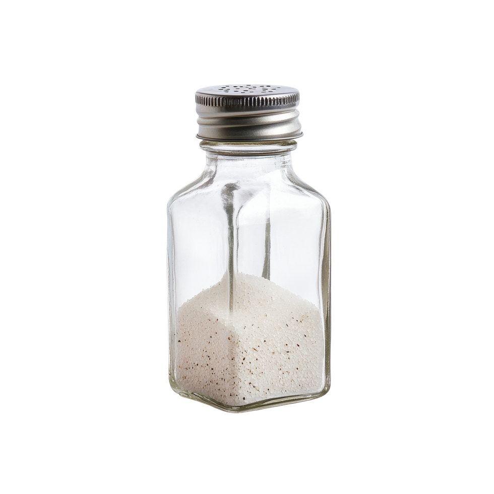 Salt shaker filled with white salt isolated on a minimalistic Transparent background for culinary purposes, Salt shaker isolated on background with png