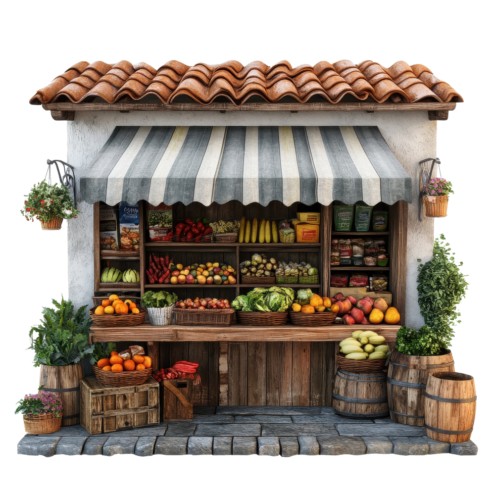 Rustic grocery store offers fresh produce in a charming rural marketplace setting, Rural Marketplace A Rustic Grocery Store with Fresh Produce, Transparent background png