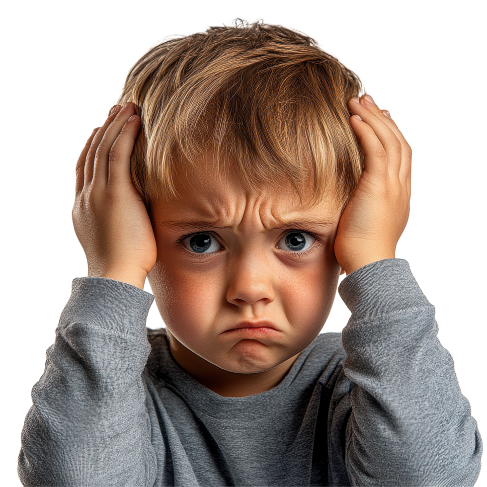 Sad kid boy holding his head in distress with a serious expression indoors, sad kid boy in a bad mood or sick and has problems, file of isolated object on White background png