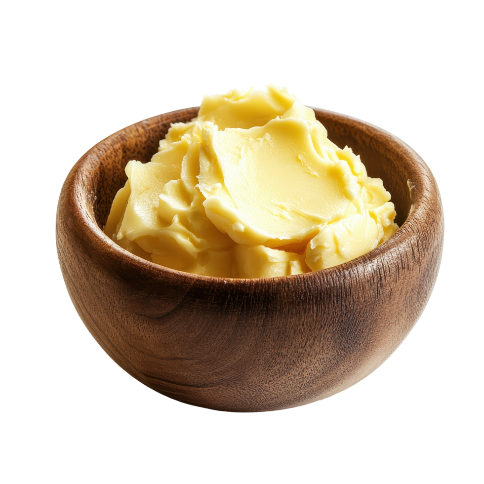 Wooden bowl filled with creamy butter against a simple Transparent background, wooden bowl filled with a mixture butter, background png