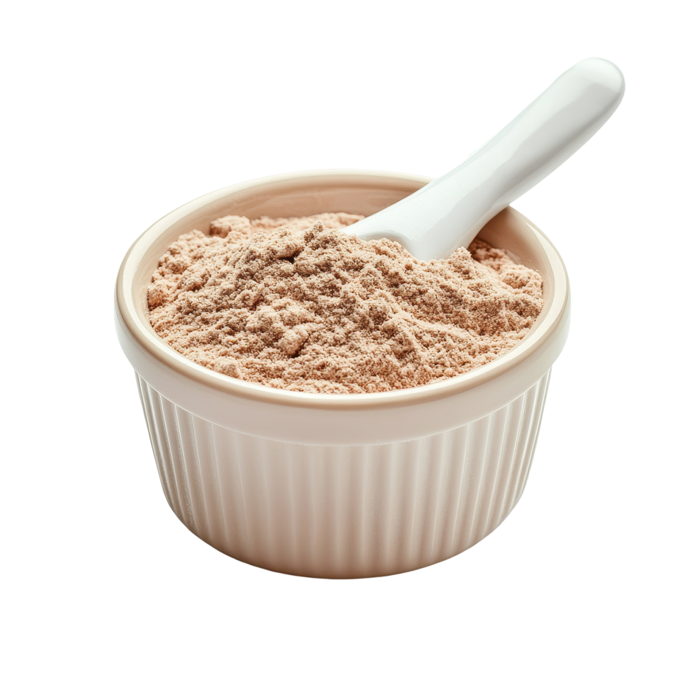 Whey protein powder in a bowl isolated on a Transparent background for health and fitness purposes, whey protein in bowlisolated on background png