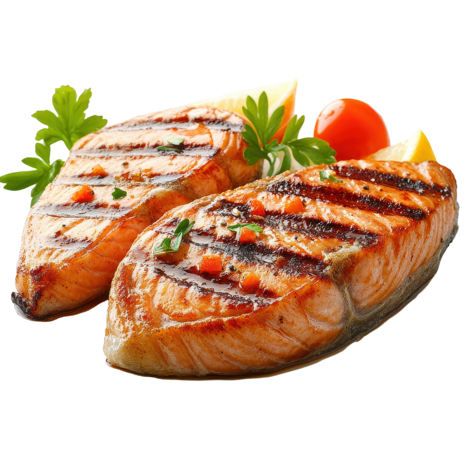 Grilled salmon steak with herbs and lemon slice served on a white plate for a healthy meal option, Salmon grilled roast steak isolated on Transparent background, background png