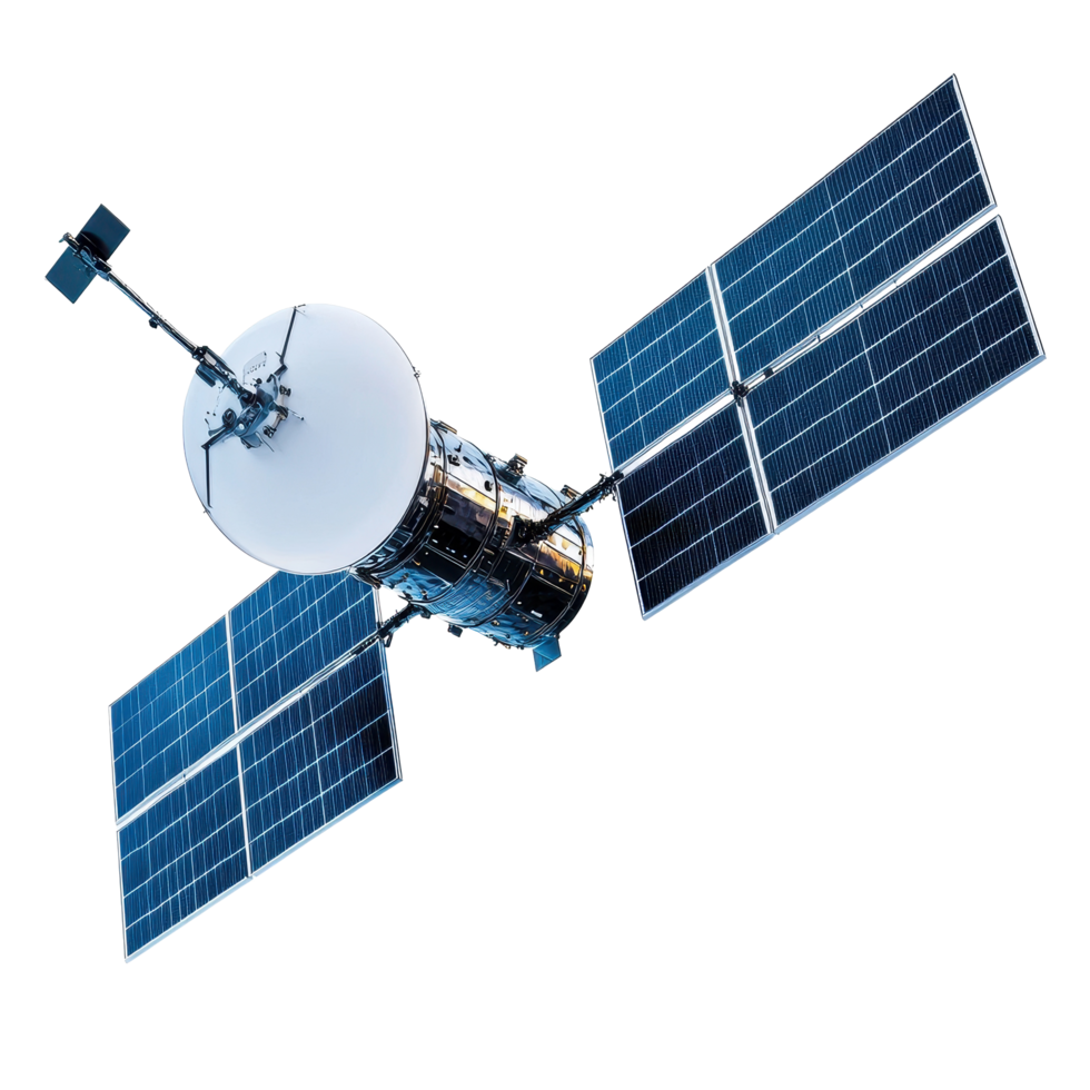 Orbital satellite equipped for aerospace and communication systems in Earth's atmosphere, Space orbital satellite, aerospace and communications concept Transparent background png
