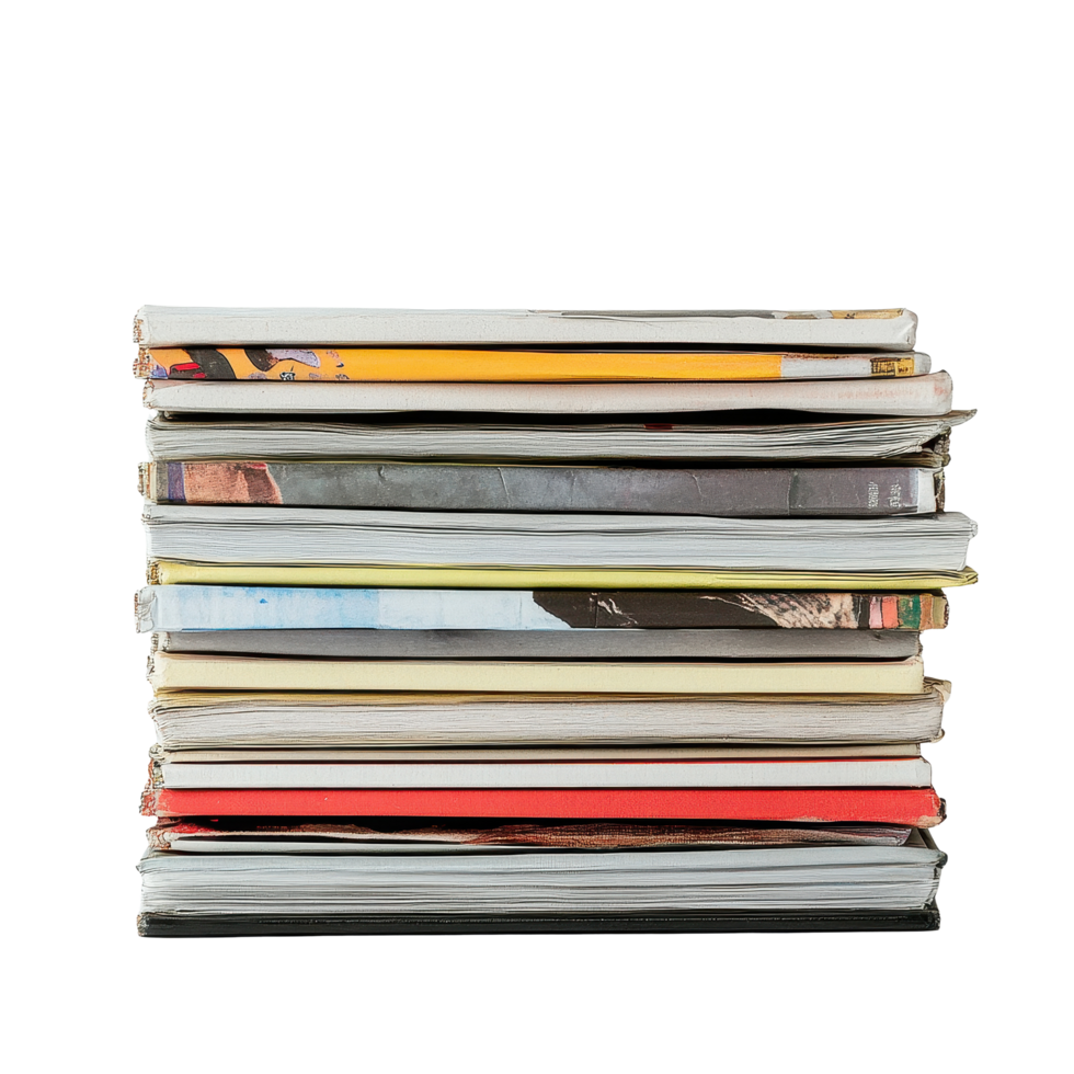 Stack of magazines arranged neatly on a Transparent background showcasing diverse covers and colorful spines, Stack magazines on background png